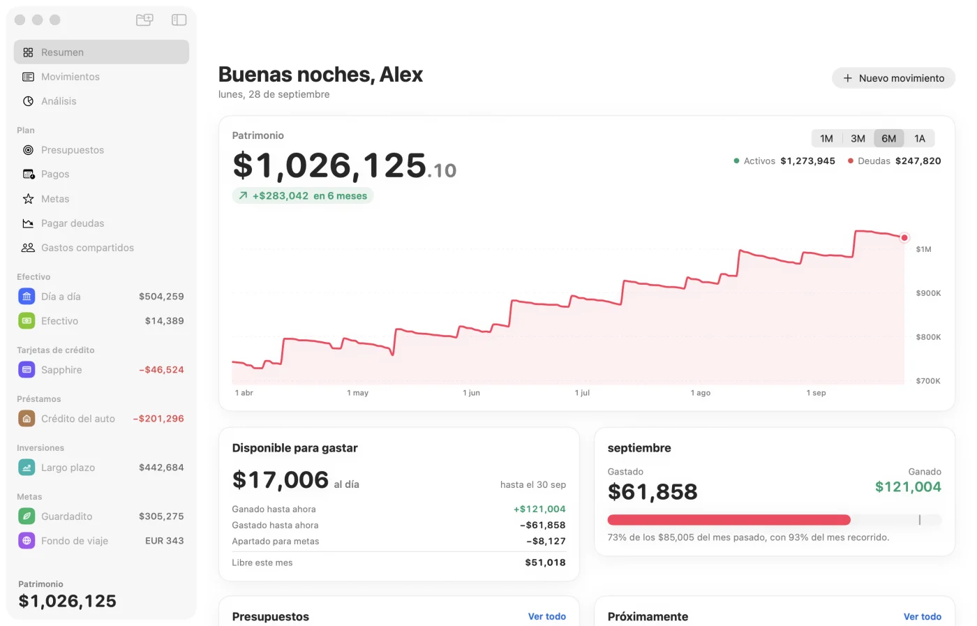 Bloom en Mac: resumen con patrimonio, gráfica de seis meses, disponible para gastar y cuentas en la barra lateral