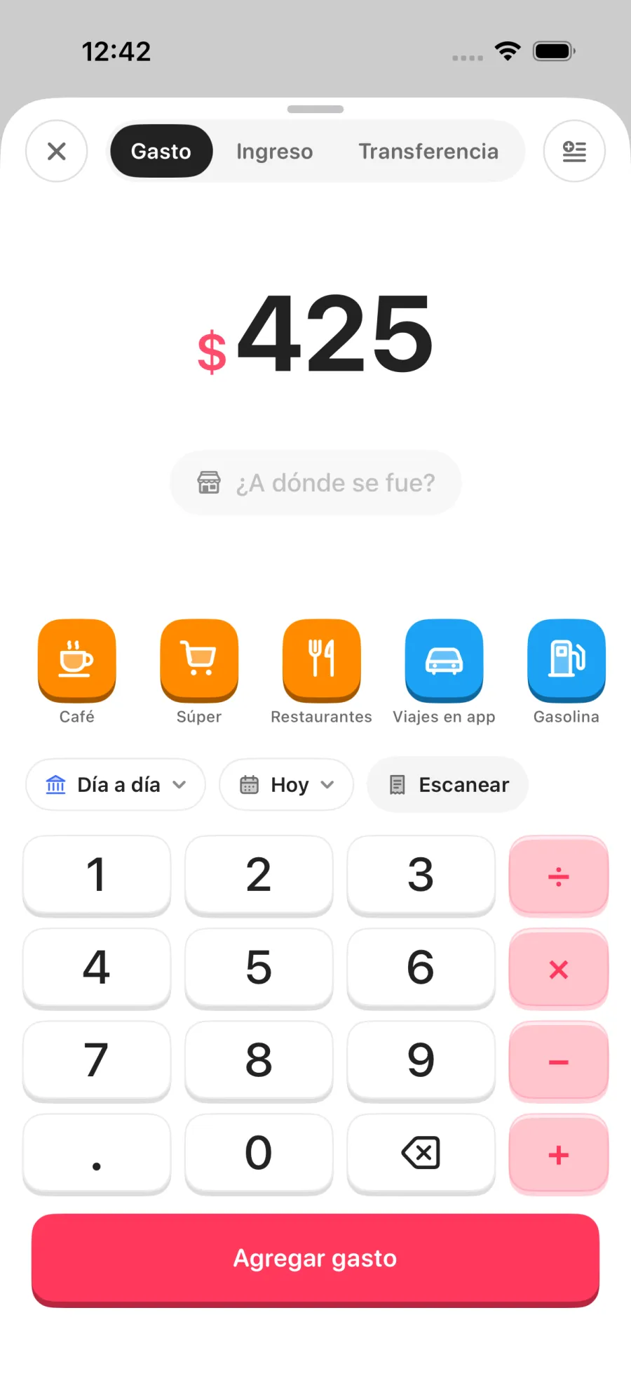 Pantalla para agregar un gasto con teclado numérico, calculadora y categorías favoritas