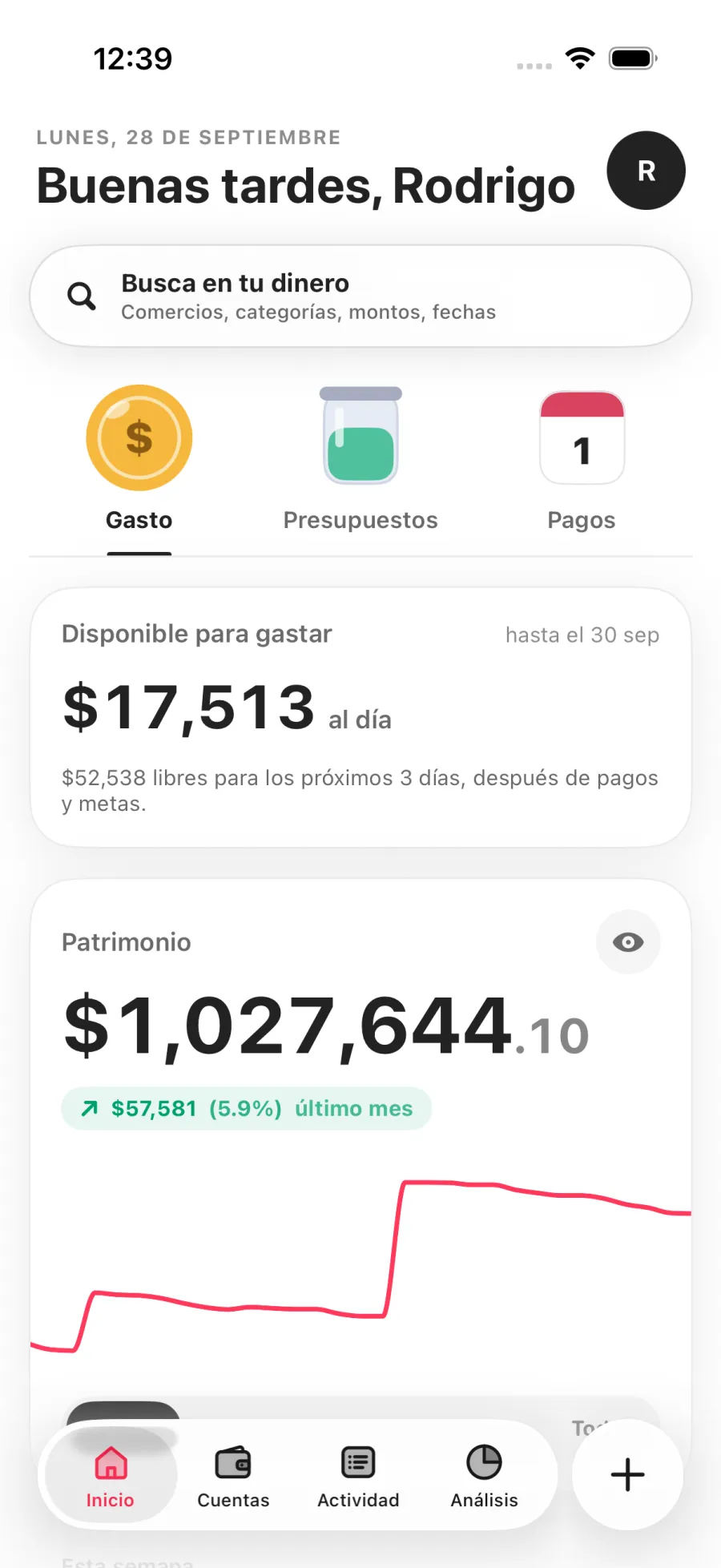 Inicio de Bloom: disponible para gastar al día y patrimonio con gráfica
