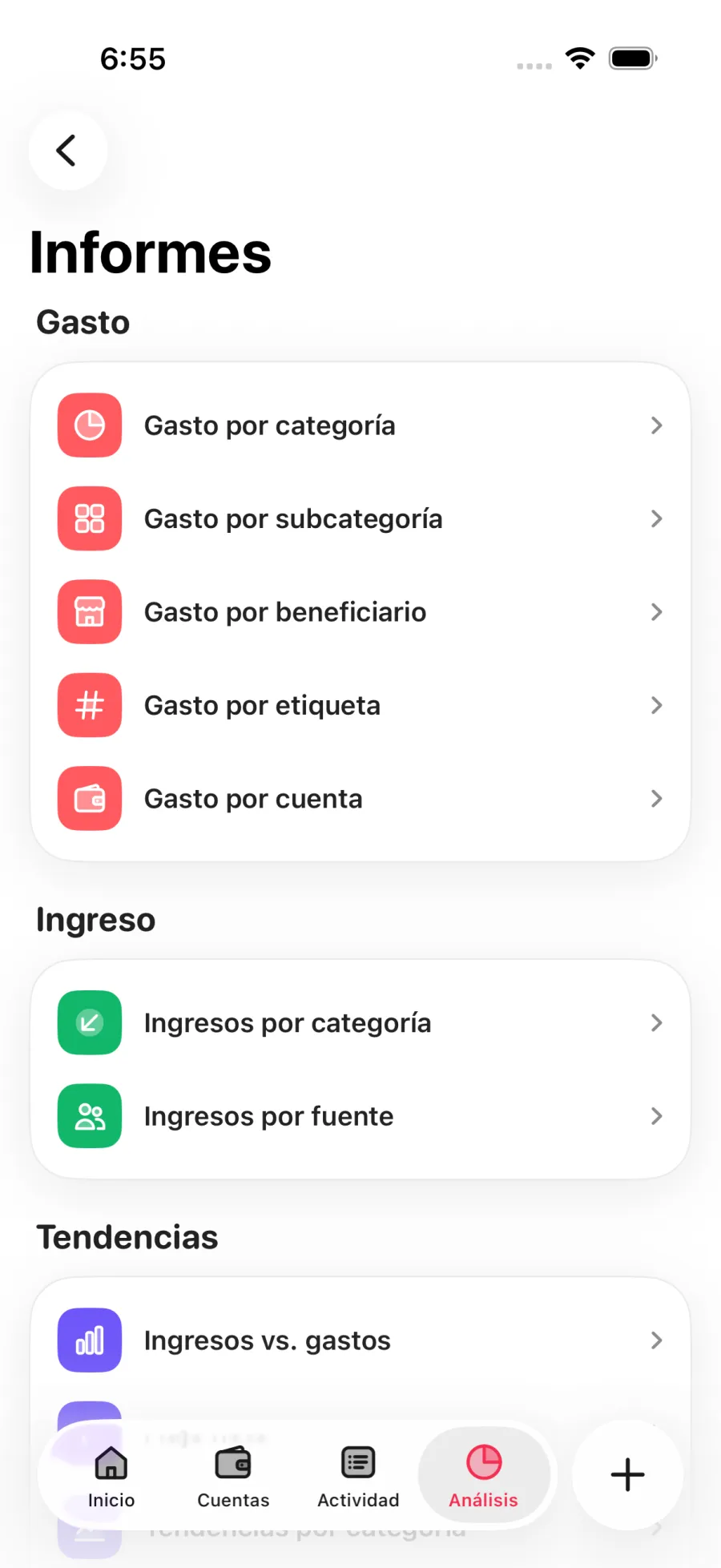 Lista de informes: gasto por categoría, subcategoría, beneficiario, etiqueta y cuenta
