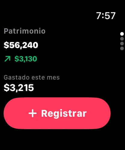 Bloom en Apple Watch: patrimonio, gasto del mes y botón Registrar